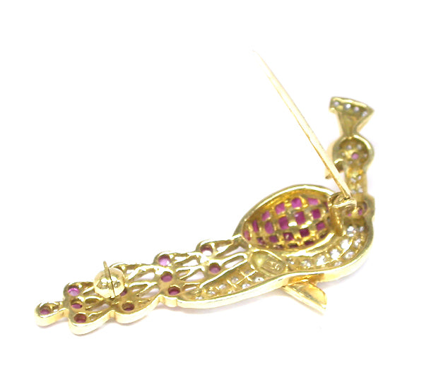 18k Yellow Gold Diamond Ruby Peacock Pin
