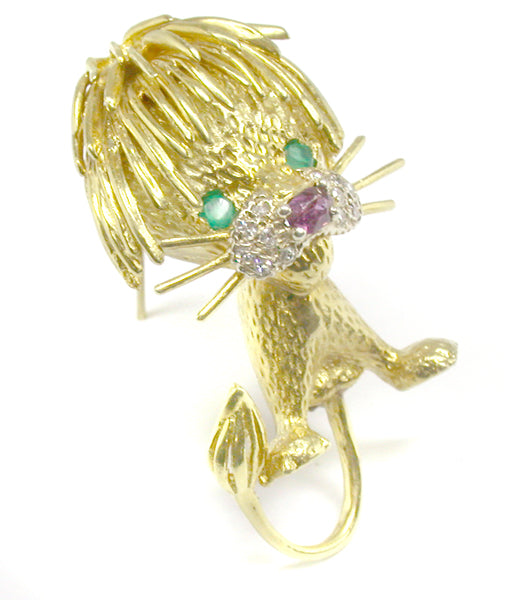 18k Yellow Gold Diamond Ruby and Emerald Lion Pin