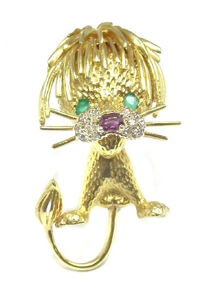 18k Yellow Gold Diamond Ruby and Emerald Lion Pin