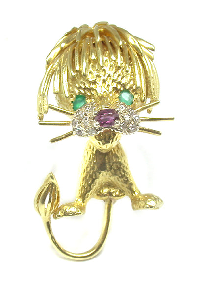 18k Yellow Gold Diamond Ruby and Emerald Lion Pin