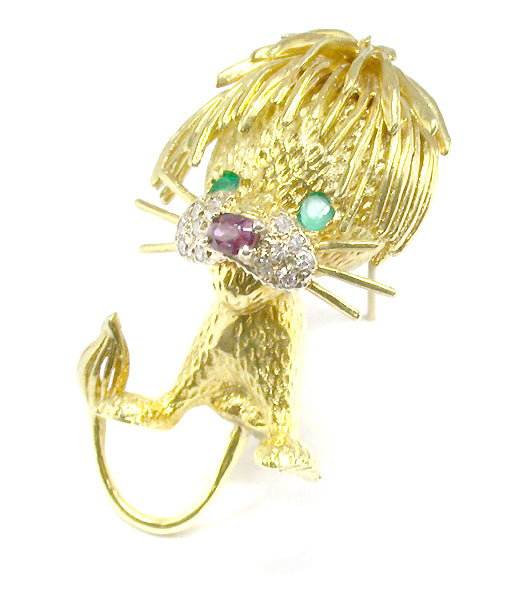 18k Yellow Gold Diamond Ruby and Emerald Lion Pin