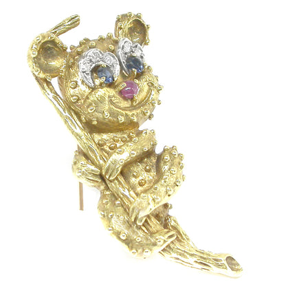 18k Yellow Gold Diamond Sapphire Ruby Koala Bear Pin