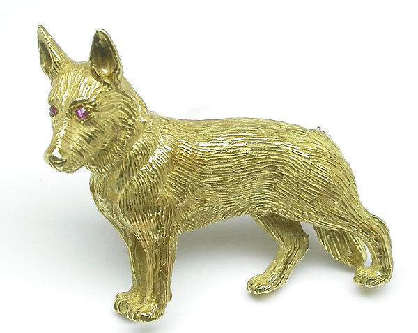18k Yellow Gold Dog Ruby German Shepherd Dog Pin