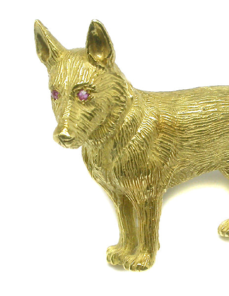 18k Yellow Gold Dog Ruby German Shepherd Dog Pin