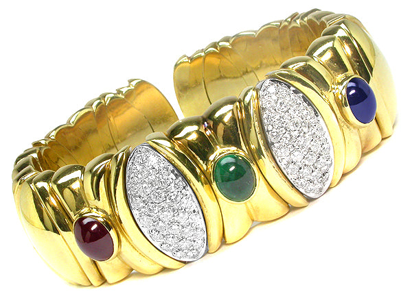 18k Yellow & White Gold 1.08ct Diamond, Sapphire, Ruby & Emerald Bangle Bracelet