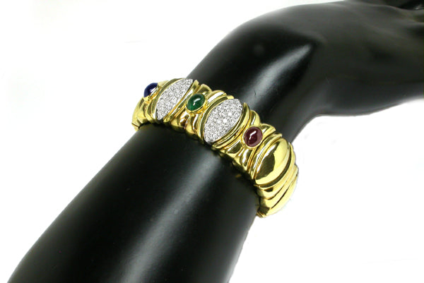 18k Yellow & White Gold 1.08ct Diamond, Sapphire, Ruby & Emerald Bangle Bracelet