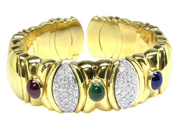 18k Yellow & White Gold 1.08ct Diamond, Sapphire, Ruby & Emerald Bangle Bracelet