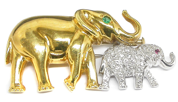 18k Yellow & White Gold Diamond Emerald and Ruby Mother & Calf  Elephants Pin
