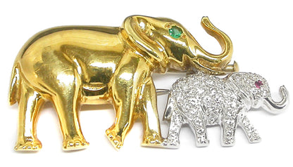 18k Yellow & White Gold Diamond Emerald and Ruby Mother & Calf  Elephants Pin