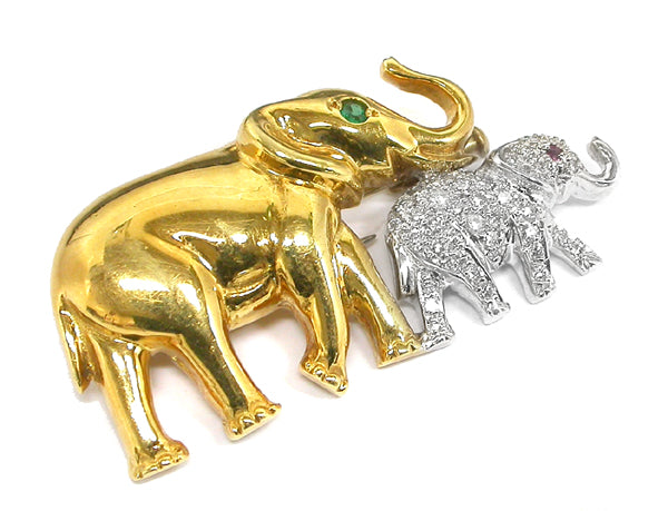 18k Yellow & White Gold Diamond Emerald and Ruby Mother & Calf  Elephants Pin