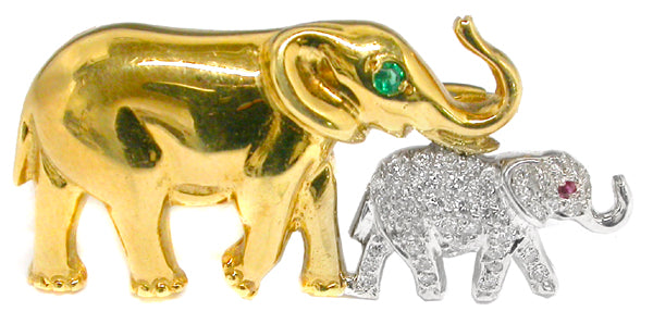 18k Yellow & White Gold Diamond Emerald and Ruby Mother & Calf  Elephants Pin