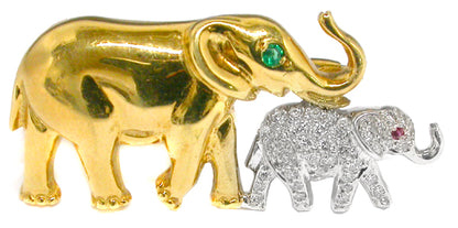 18k Yellow & White Gold Diamond Emerald and Ruby Mother & Calf  Elephants Pin