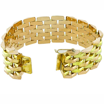 Vintage 1940s Retro Two Tone 18k Green and Pink Gold Geometric Bracelet