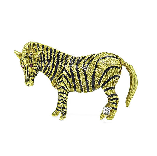 Estate Diamond Enamel 18k Yellow Gold Zebra Pin