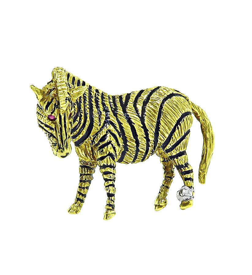 Estate Diamond Enamel 18k Yellow Gold Zebra Pin