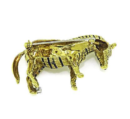Estate Diamond Enamel 18k Yellow Gold Zebra Pin