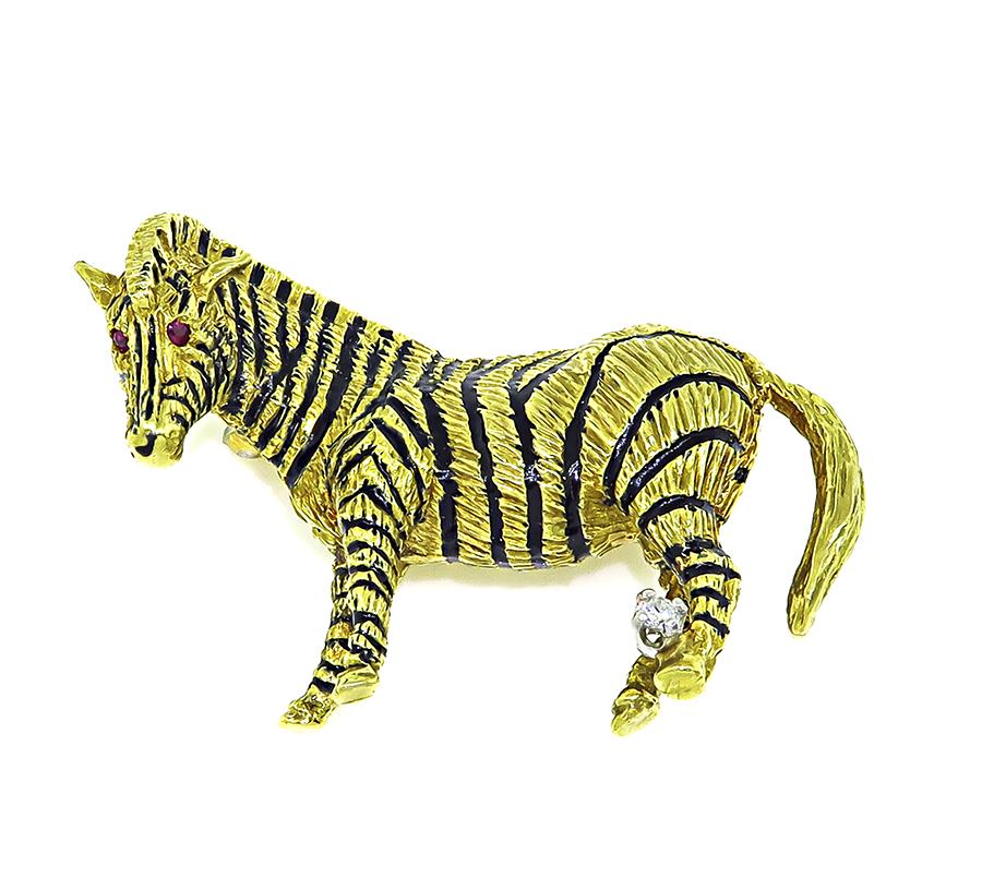 Estate Diamond Enamel 18k Yellow Gold Zebra Pin