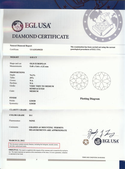 1920s 0.92ct Old European Diamond Platinum Engagement Ring