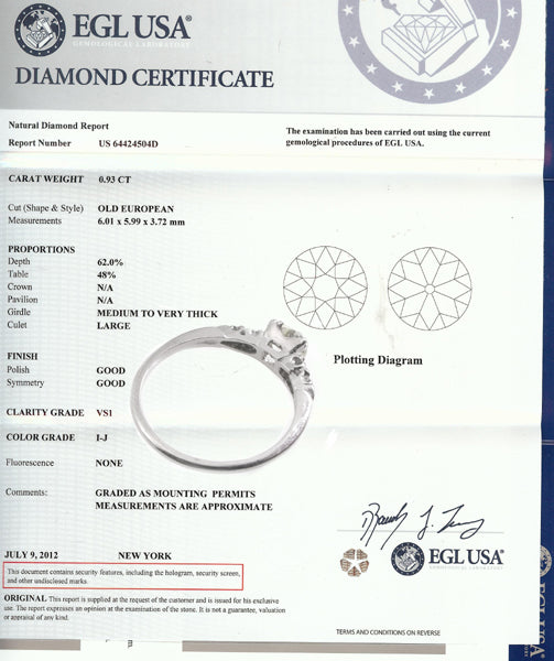 1920s 0.93ct Old European Diamond  Engagement Ring