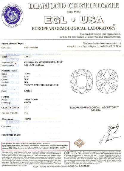 1920s 1.16ct Cushion Diamond Platinum Engagement Ring