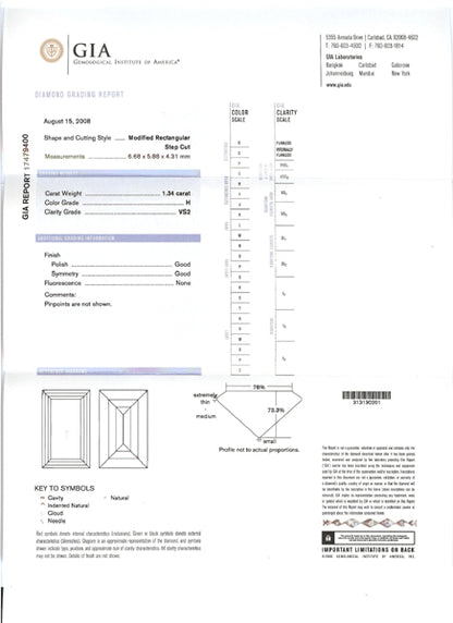 1920's GIA  1.34ct Square Cut Diamond Platinum Bow Pin