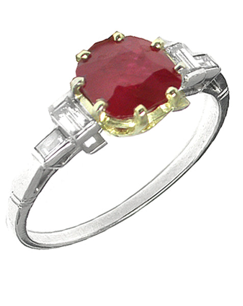 1920s 1.97 Cushion Cut  Ruby Diamond Platinum  18k Gold Ring