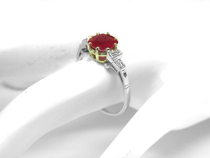 1920s 1.97 Cushion Cut  Ruby Diamond Platinum  18k Gold Ring