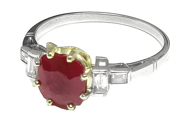 1920s 1.97 Cushion Cut  Ruby Diamond Platinum  18k Gold Ring