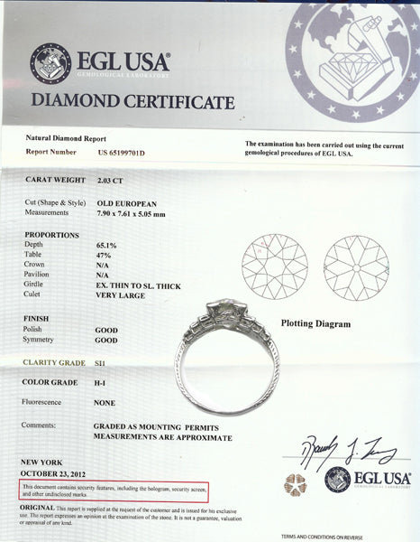 1920's 2.03ct Diamond Platinum Engagement Ring
