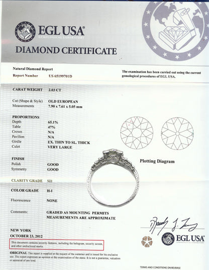 1920's 2.03ct Diamond Platinum Engagement Ring