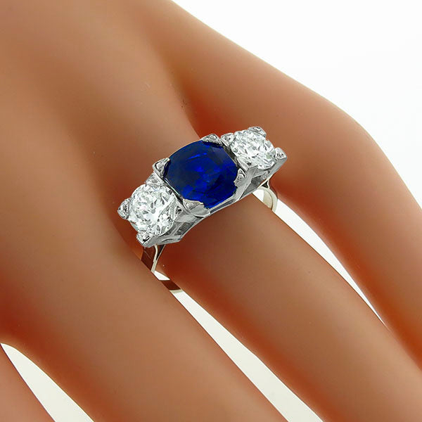 1920 2.27ct Cushion Ceylon Saphire 1.00ct Old Mine Cut Anniversary Ring Platinum