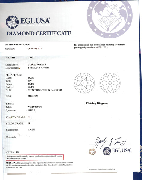 1920s 2.31ct Old European Cut Diamond Platinum Engagement Ring