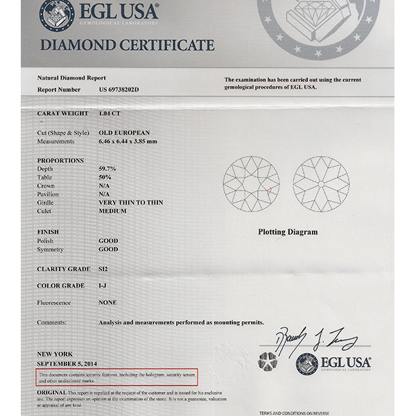 1920s EGL 1.04ct Diamond Engagement Ring