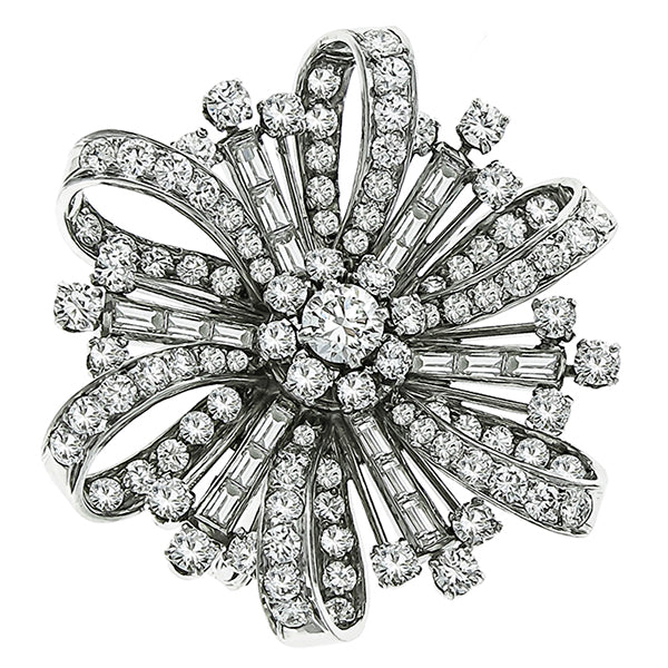 1930s 5.00ct Round & Baguette Diamond Platinum Flower Pin/ Pendant