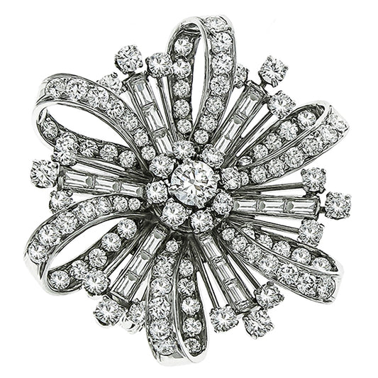 1930s 5.00ct Round & Baguette Diamond Platinum Flower Pin/ Pendant