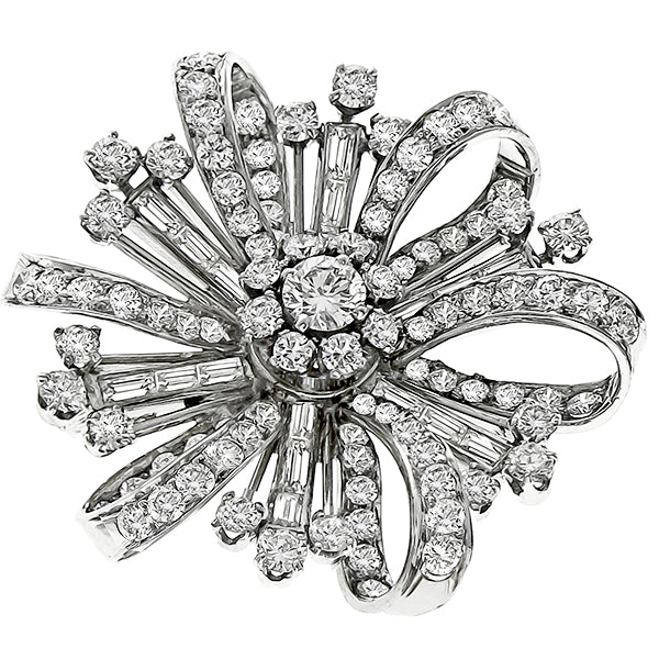 1930s 5.00ct Round & Baguette Diamond Platinum Flower Pin/ Pendant