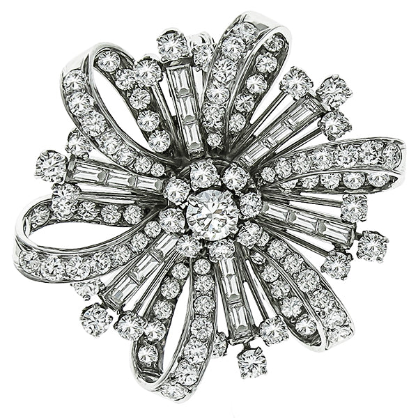 1930s 5.00ct Round & Baguette Diamond Platinum Flower Pin/ Pendant