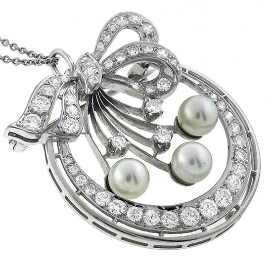 1930s 2.50ct Diamond Pearl Gold Pin/ Pendant