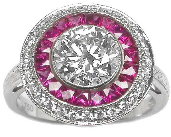 1.93ct Art Deco Style 18k White Gold Diamond Ruby Cluster Ring