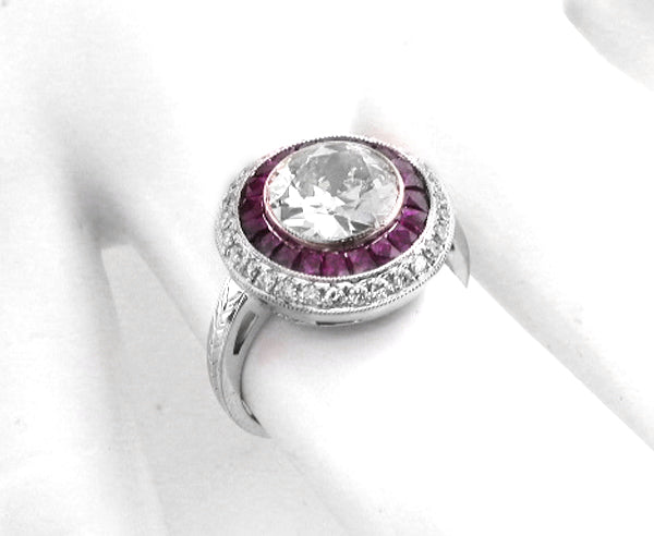 1.93ct Art Deco Style 18k White Gold Diamond Ruby Cluster Ring