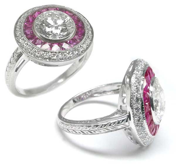 1.93ct Art Deco Style 18k White Gold Diamond Ruby Cluster Ring