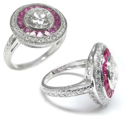 1.93ct Art Deco Style 18k White Gold Diamond Ruby Cluster Ring