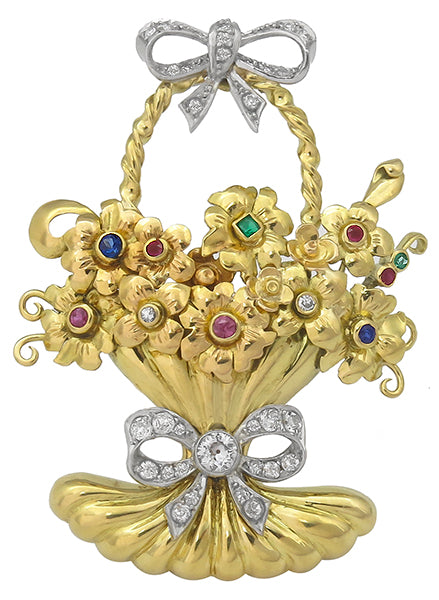 1940s 0.30ct Diamond Multi Precious Colored Stone Gold Basket Pin