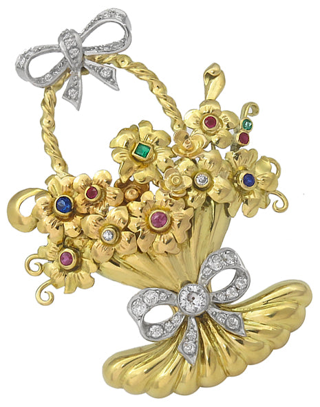 1940s 0.30ct Diamond Multi Precious Colored Stone Gold Basket Pin