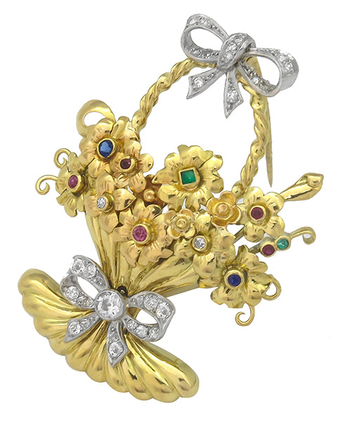 1940s 0.30ct Diamond Multi Precious Colored Stone Gold Basket Pin