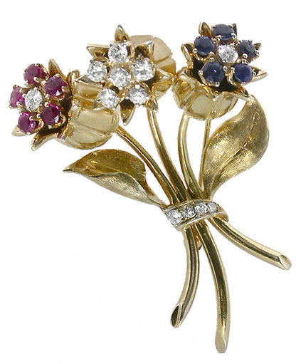1940s 0.60ct Diamond Sapphire & Ruby Flower Pin