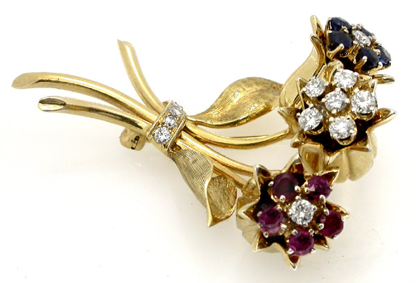 1940s 0.60ct Diamond Sapphire & Ruby Flower Pin