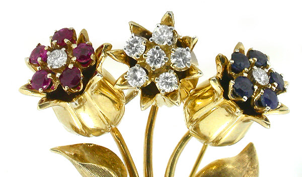 1940s 0.60ct Diamond Sapphire & Ruby Flower Pin