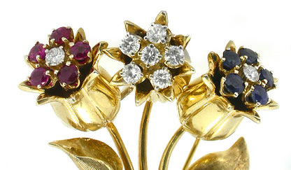 1940s 0.60ct Diamond Sapphire & Ruby Flower Pin