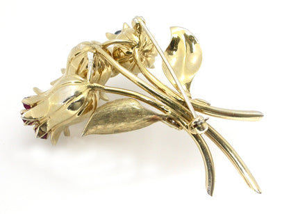 1940s 0.60ct Diamond Sapphire & Ruby Flower Pin